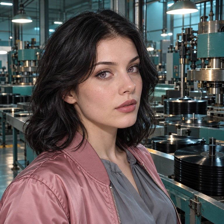 Young adult woman in a vinyl record pressing plant for an INYX Pink and Berry Grey colored contacts comparison