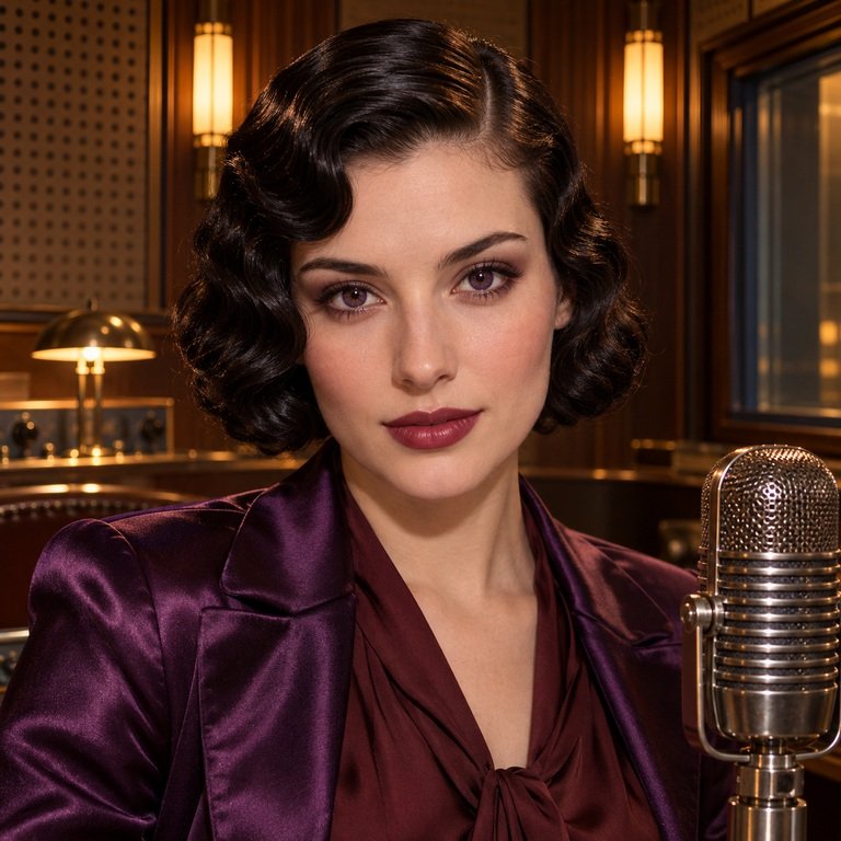 Young adult woman in an Art Deco radio booth for an INYX Purple and Berry Brown colored contacts comparison