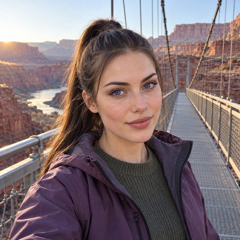 Young adult woman on an empty canyon suspension bridge for an INYX Purple and Olive Blue colored contacts comparison