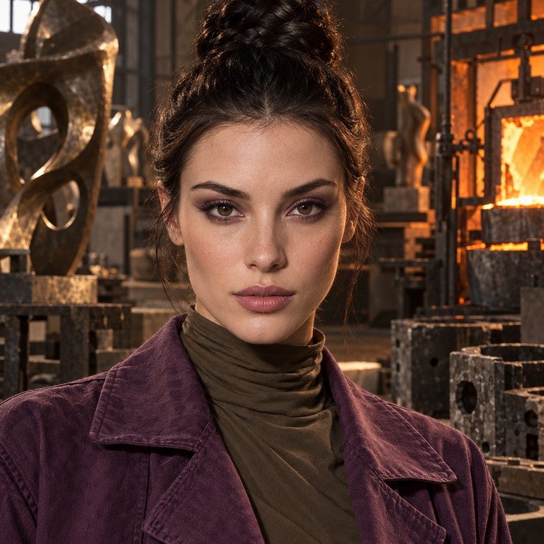 Young adult woman in a bronze sculpture foundry for an INYX Purple and Olive Brown colored contacts comparison