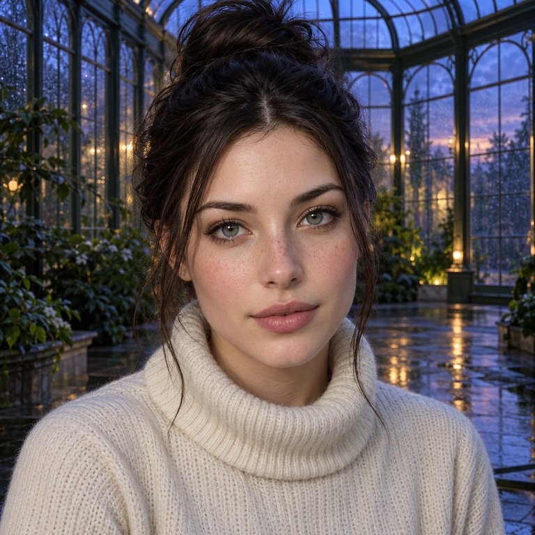 Young woman in a glass conservatory for INYX Purple and Olive Grey colored contacts