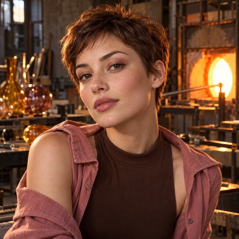 Young adult woman in a glassblowing studio for a Muse Brown and INYX Pink colored contacts comparison