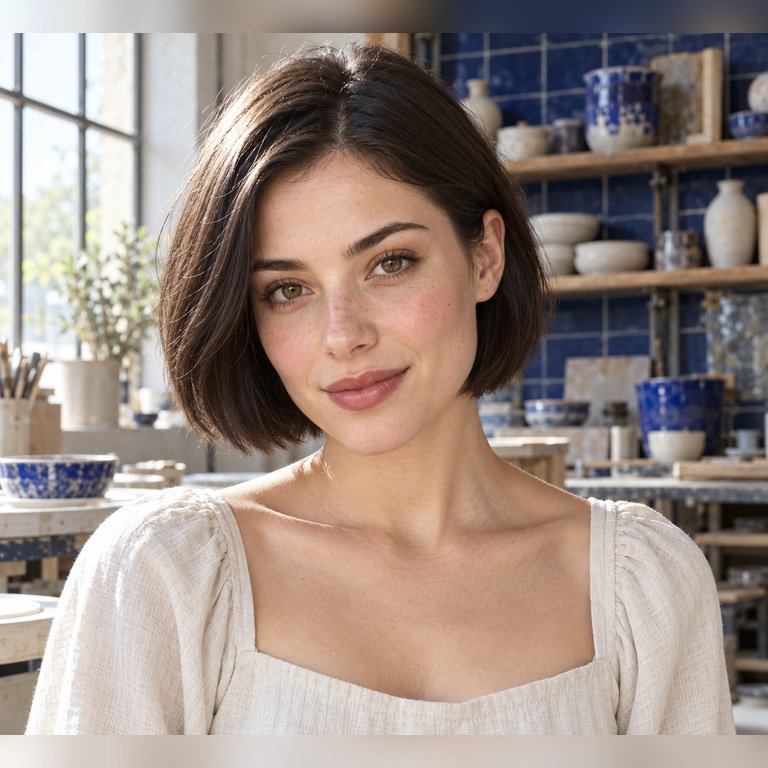 Young adult woman in a contemporary ceramic glazing studio