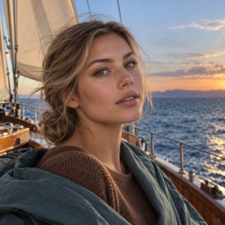 Young adult woman on a sailboat for a Muse Brown and Olive Blue colored contacts comparison