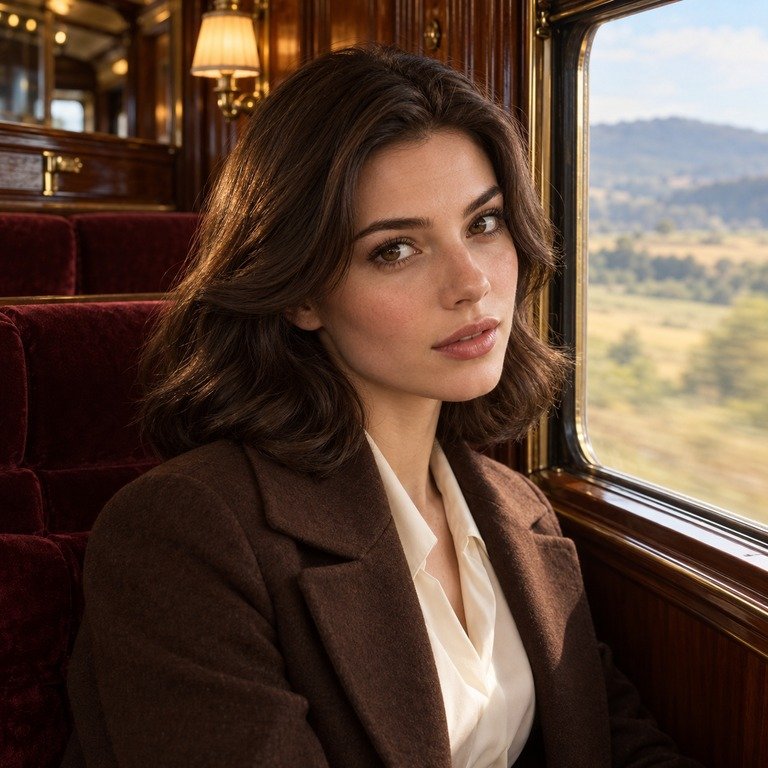 Young adult woman in a vintage train compartment for a Muse Coffee and Illusory Brown colored contacts comparison