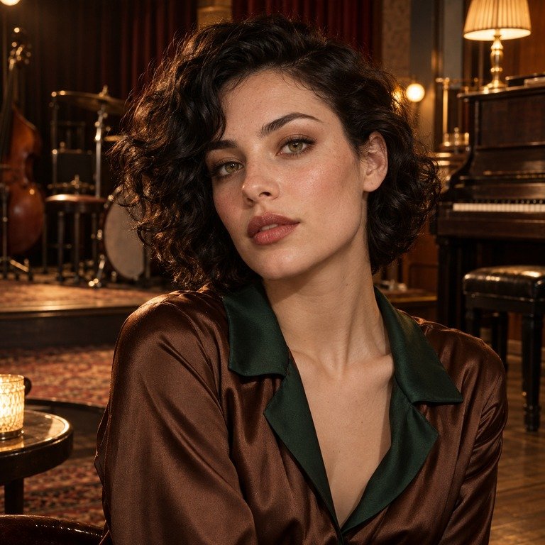 Young adult woman in a vintage jazz room for a Muse Coffee and INYX Green colored contacts comparison