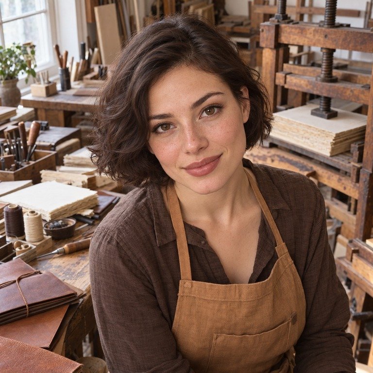 Young adult woman in a bookbinding workshop for a Muse Coffee and Thai Brown colored contacts comparison