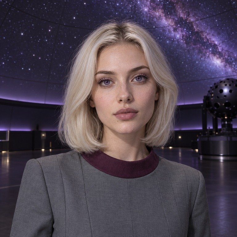 Young adult woman in a planetarium for a Muse Grey and Berry Purple colored contacts comparison