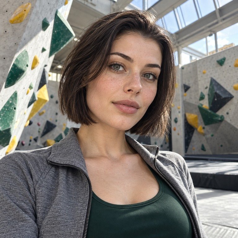 Young adult woman in an indoor climbing gym for a Muse Grey and INYX Green colored contacts comparison