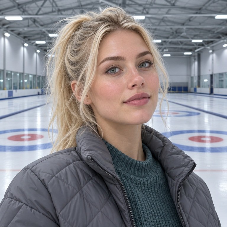 Young adult woman at an empty curling rink for a Muse Grey and Olive Blue colored contacts comparison
