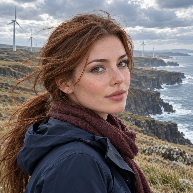 Young adult woman at a coastal wind farm for a Thai Blue and Berry Brown colored contacts comparison
