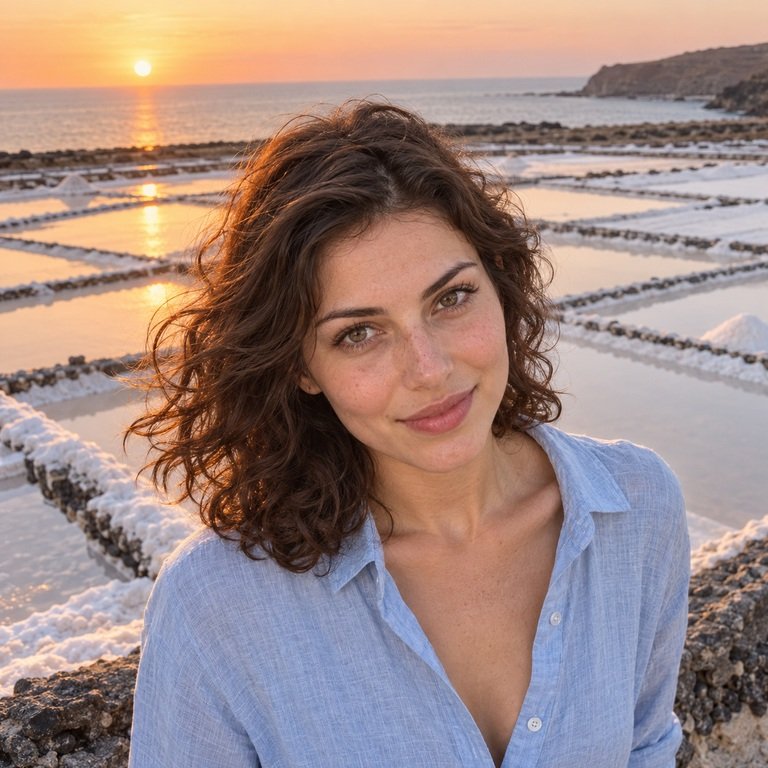 Young woman at coastal salt terraces for Thai Blue and Nova Brown colored contacts