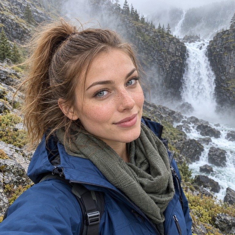 Young adult woman beside an alpine waterfall for a Thai Blue and Olive Grey colored contacts comparison