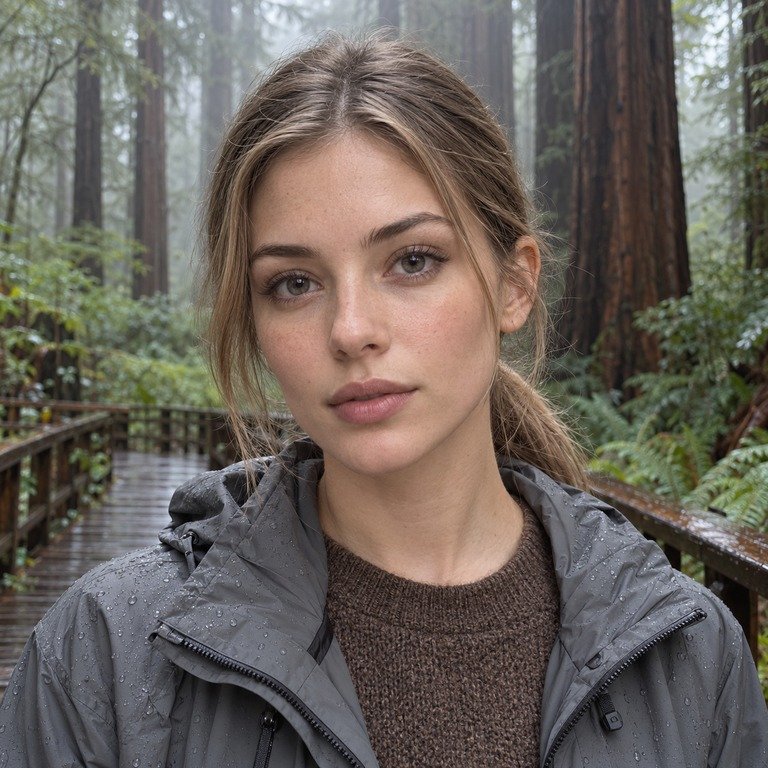 Young adult woman on a misty redwood boardwalk for a Thai Grey and Illusory Brown colored contacts comparison