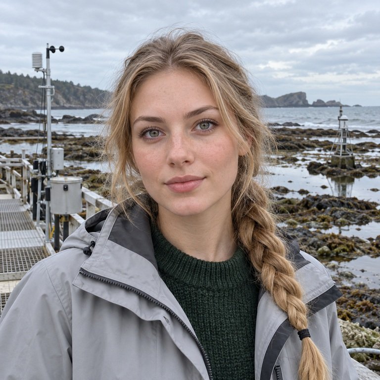 Young adult woman at a tidal research station for a Thai Grey and INYX Green colored contacts comparison
