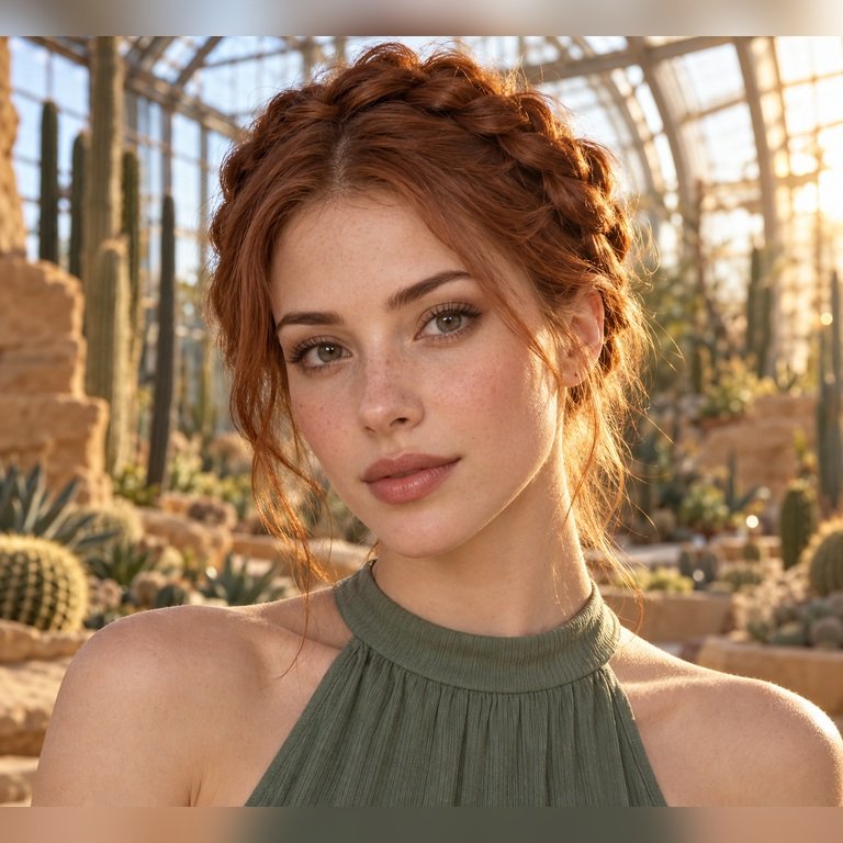 Young adult woman in a desert botanical conservatory