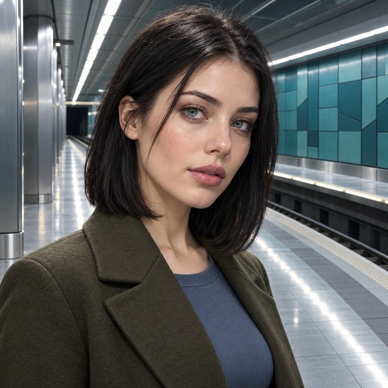 Young adult woman on an empty metro platform for a Thai Grey and Olive Blue colored contacts comparison